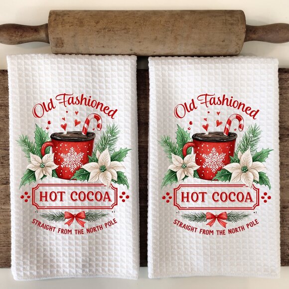 Christmas Kitchen Towel Set, Old Fashioned Hot Cocoa Towels, Vintage Towel - Picture 1 of 9